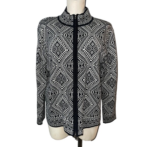 Chico’s Women’s Argyle Print Cardigan Sweater size 2/L Cotton Ramie Zip Up - Picture 1 of 6